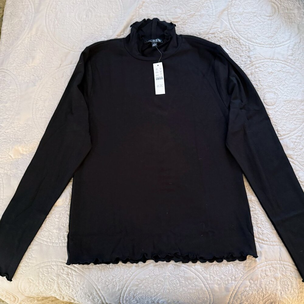 J. Crew Black Refined Rib Lettuce Trim Turtleneck